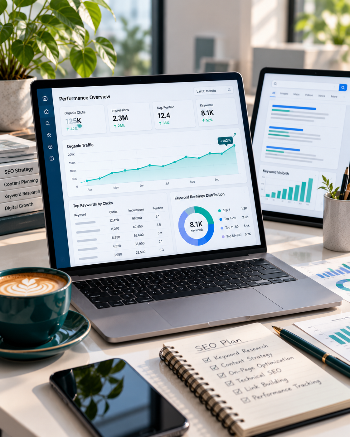 Descriptive SEO image: search results and website analytics on screen